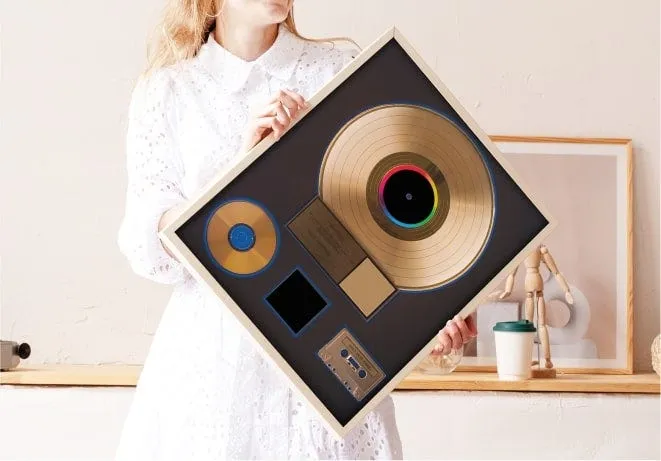 A vinyl record displayed in a deep box frame